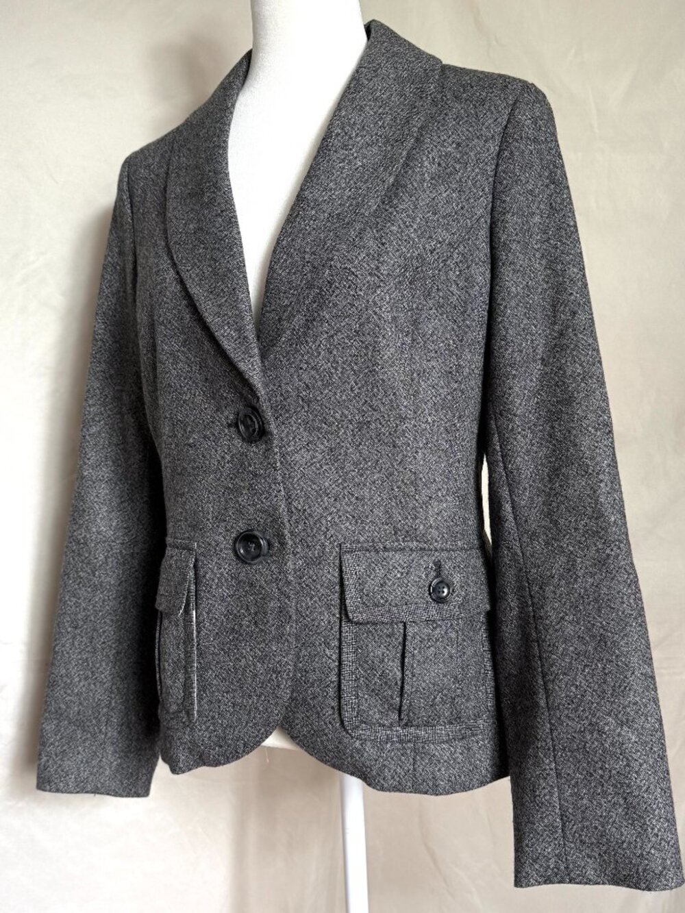 Eddie Bauer wool silk blazer womens 8 gray herringbone tweed preppy office